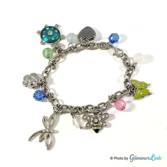 Butterfly Dragonfly Bee Heart Flower Beads Charms Bracelet - Picture 1 of 10